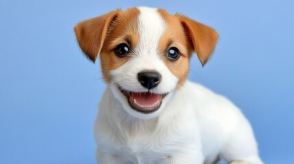 Adorable Jack Russell puppy smiling against a blue background.