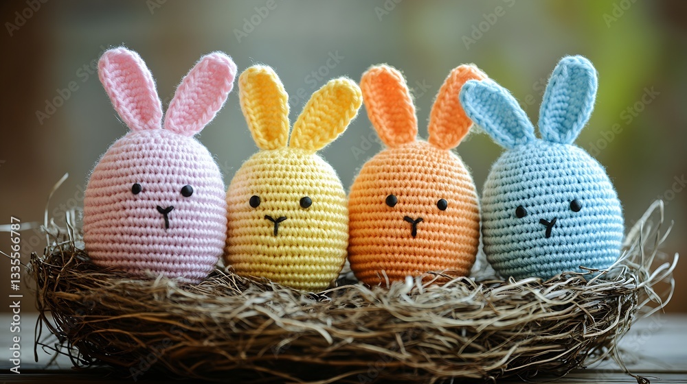 Poster colorful crochet bunnies nesting together in a charming display for spring festivities : generative 