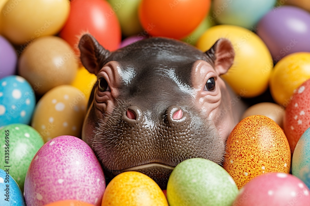Poster sweet baby hippopotamus surrounded by a rainbow of colorful easter eggs in playful setting : generat