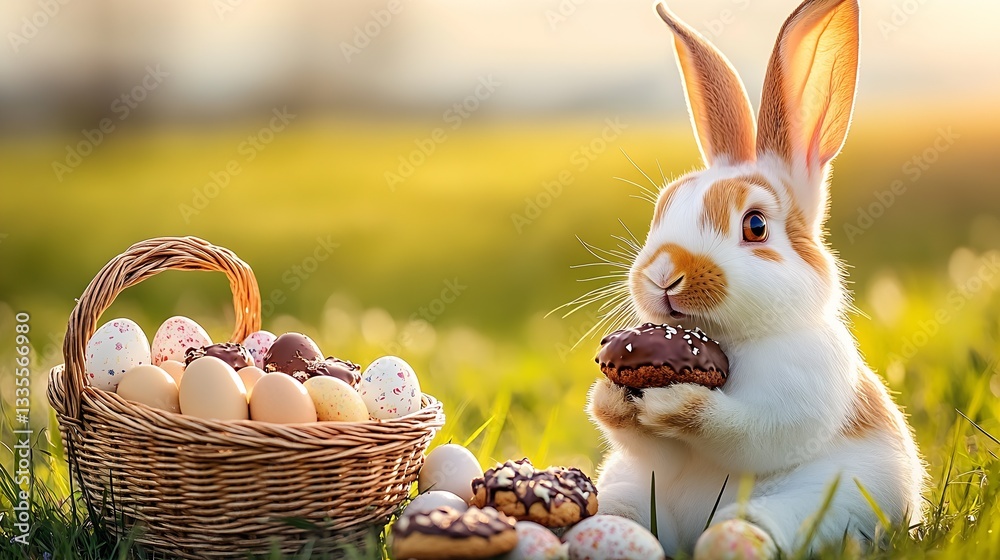 Poster cute rabbit enjoying a chocolate cookie with colorful easter eggs in a woven basket on sunny grass :