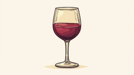A simple illustration of a burgundy wine glass filled with red wine, set against a light background