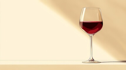 A simple illustration of a burgundy wine glass filled with red wine, set against a light background with soft shadows