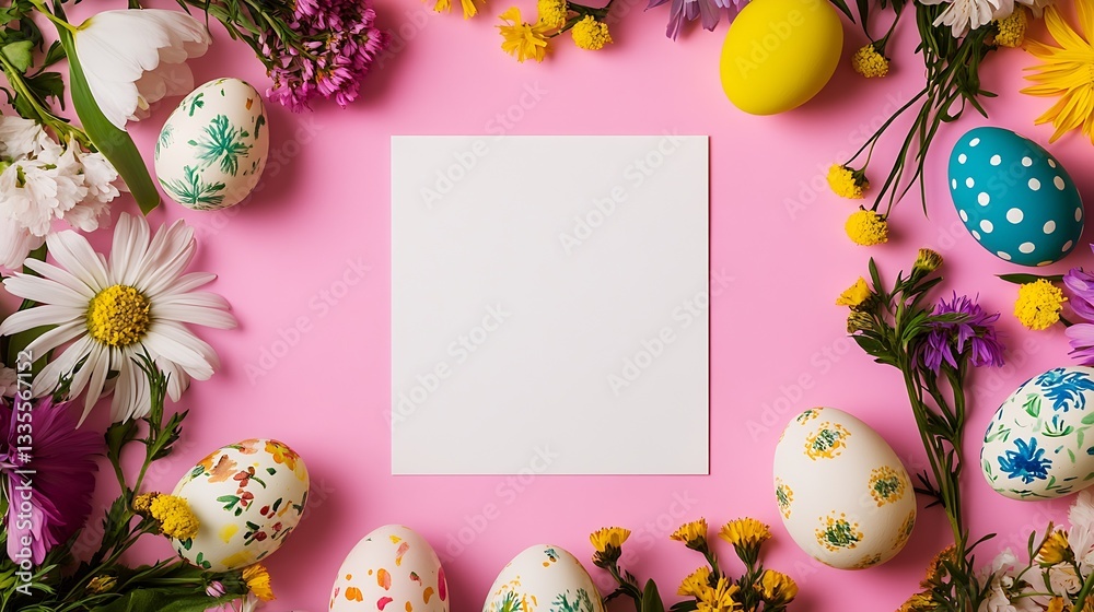 Poster beautifully arranged easter eggs with fresh flowers creating a bright and joyful scene : generative 