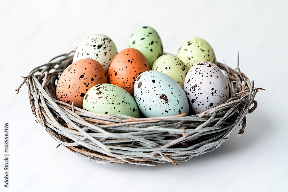 Aufkleber colorful speckled eggs nesting in a natural twisted vine basket for a charming spring display : gene