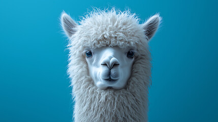 fluffy white alpaca with thick wool and gentle eyes staring directly at the camera against a vibrant blue background perfect for farm animal lovers livestock photography and nature enthusiasts