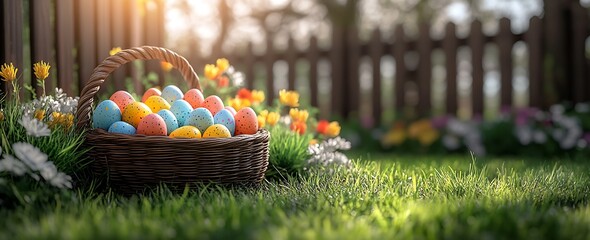 Fototapeta premium A beautifully arranged basket overflowing with pastel colored Easter eggs and surrounded by vibrant flowers in a garden : Generative AI