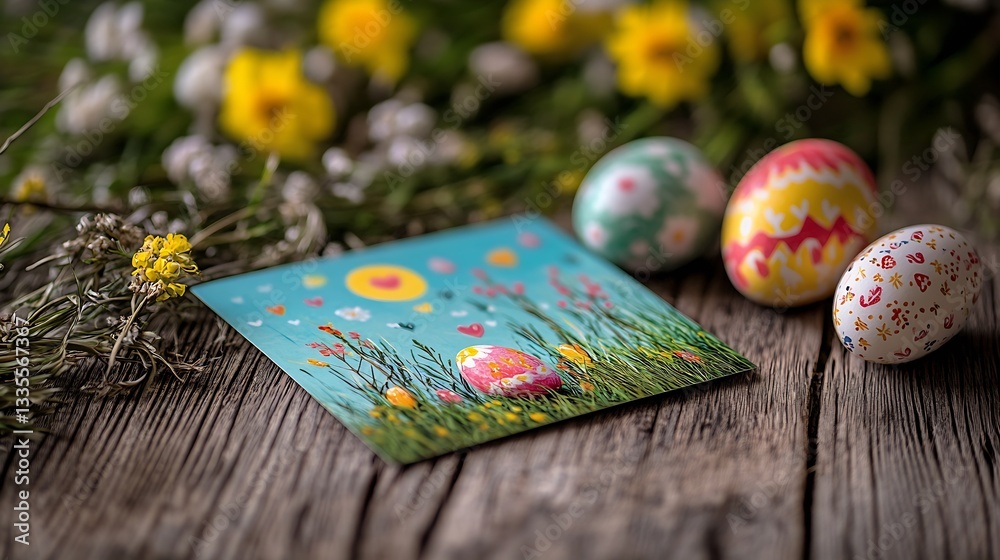Aufkleber vibrant easter scene with colorful eggs and spring flowers on rustic wood : generative ai