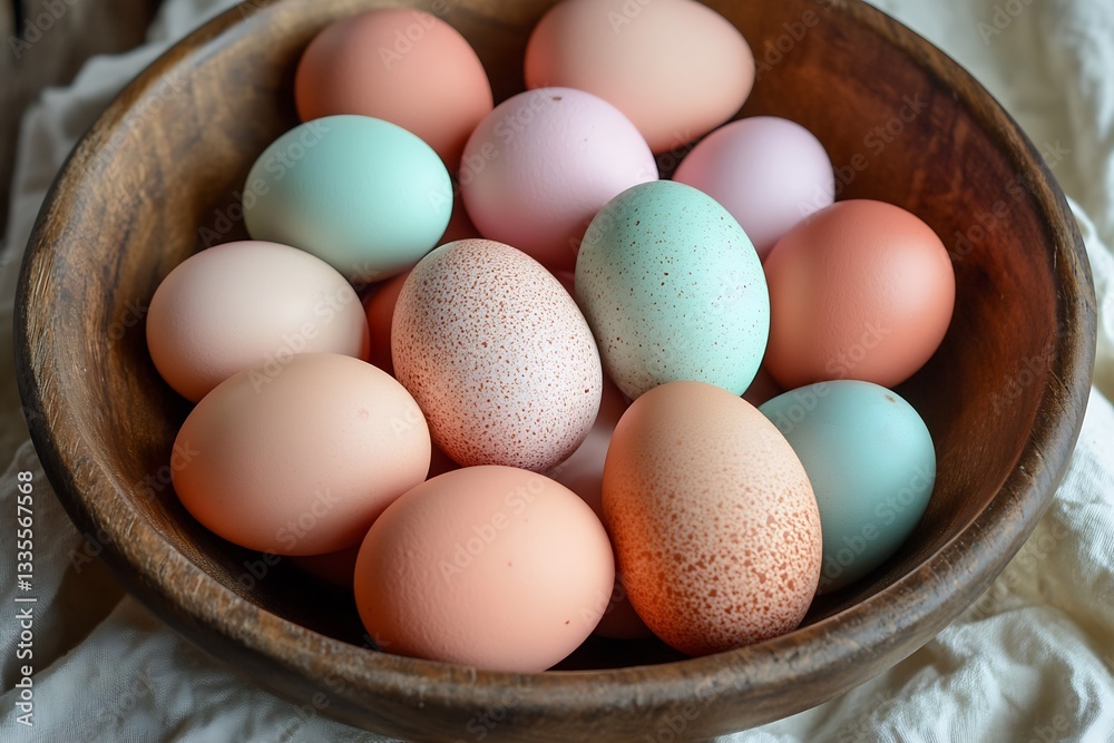 Poster A Delightful Display of Soft Colored Eggs in a Rustic Wooden Bowl : Generative AI