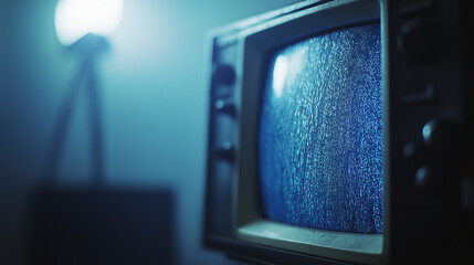 Vintage TV displaying static in dimly lit environment  