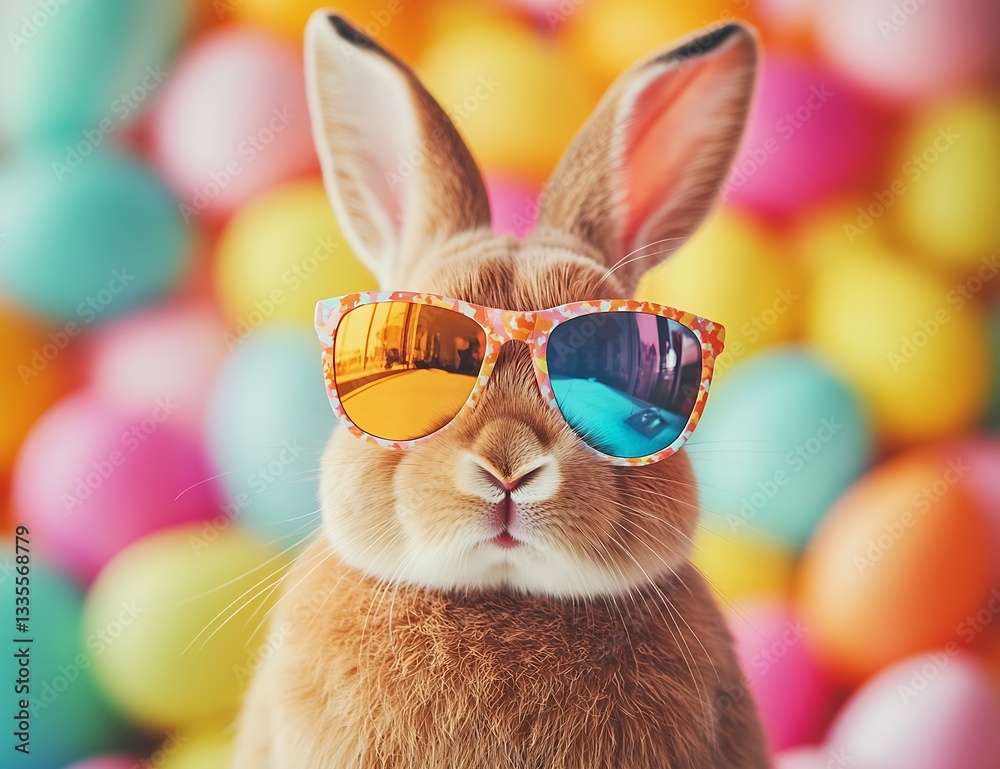 Aufkleber adorable rabbit wearing colorful sunglasses against bright spring background with pastel eggs : gene