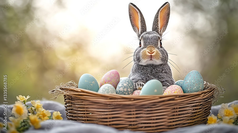 Aufkleber adorable bunny surrounded by colorful easter eggs in a rustic basket with flowers in soft natural li