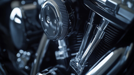 Fototapeta premium Engine detail of a motorcycle showcasing sleek design elements 