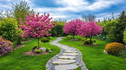 Obraz premium A picturesque pathway winds through a vibrant garden filled with flowering trees and lush greenery