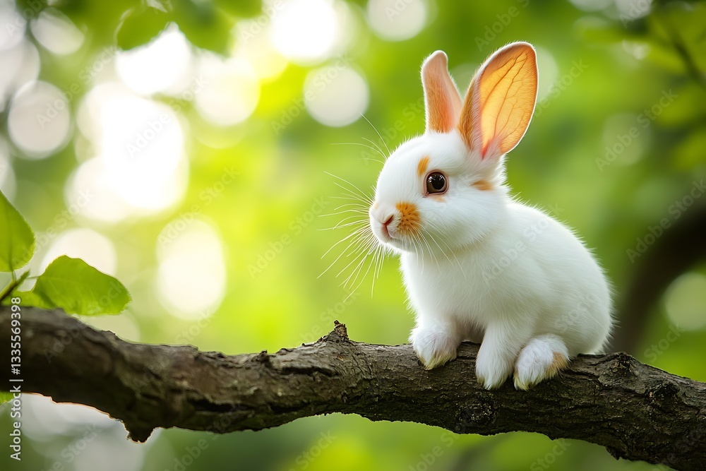 Poster Charming white rabbit with orange markings sitting on a branch surrounded by lush green foliage in a tranquil setting : Generative AI