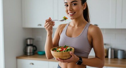 A Radiant Young Woman Enjoys A Healthy And Delicious Salad In Her Bright Kitchen, Savoring Each Bite With A Smile, Showcasing A Vibrant And Nutritious Lifestyle In Soft, Natural Light