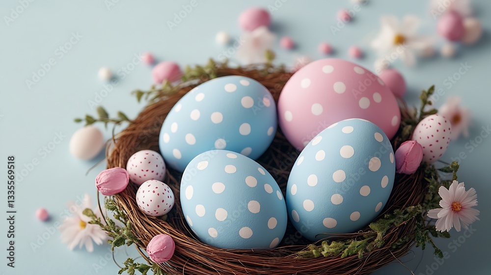 Poster Charming Easter eggs arranged in a nest with a soft blue background and delicate flowers : Generative AI