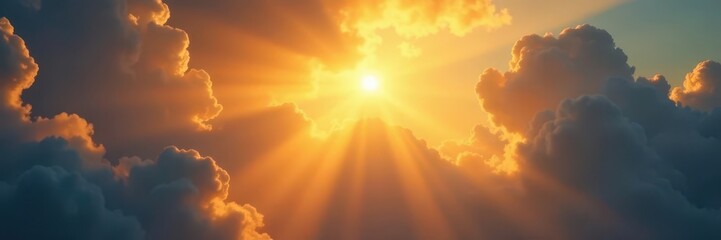 Golden sun bursts through dramatic clouds, ethereal light beams, scene, holy, element