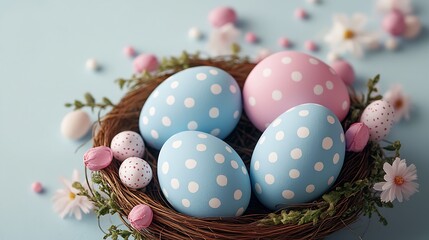 Obraz premium Charming Easter eggs arranged in a nest with a soft blue background and delicate flowers : Generative AI