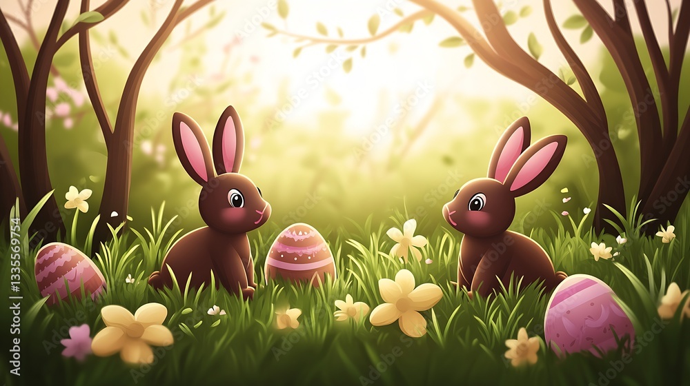 Poster charming bunnies playing amidst flowers and decorated eggs in a soft glowing spring environment : ge