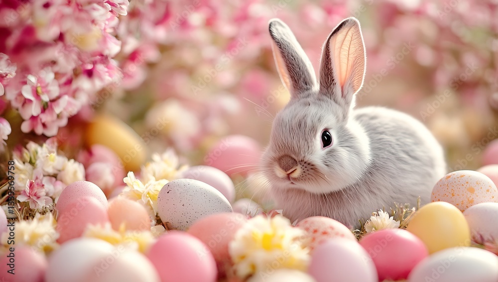 Aufkleber adorably fluffy bunny surrounded by pastel easter eggs and flowering plants in a joyful spring scene