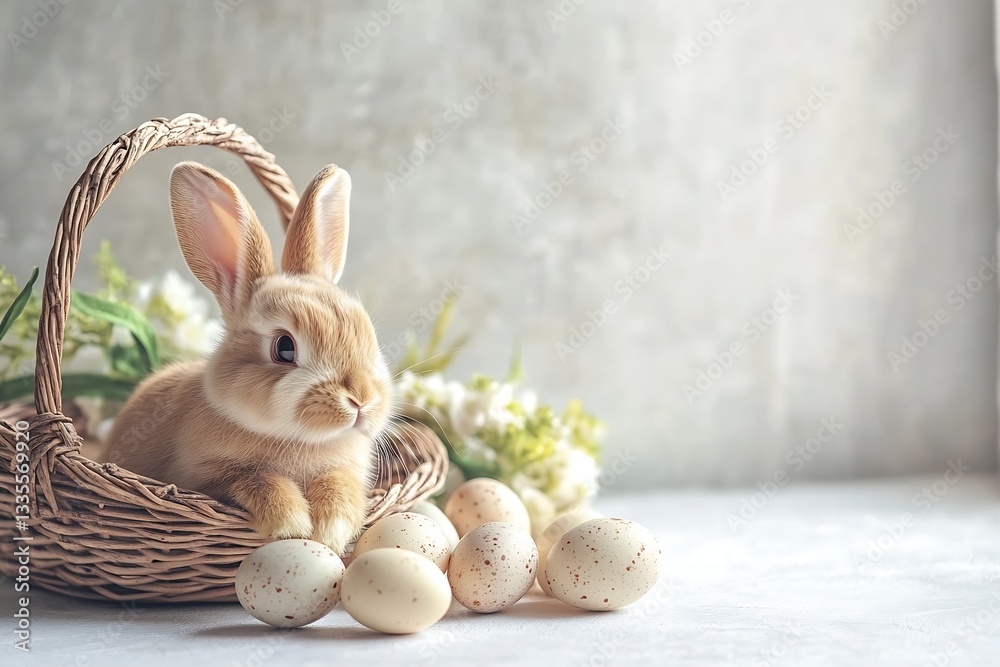 Aufkleber playful brown bunny resting in a natural basket surrounded by easter eggs on a soft textured surface