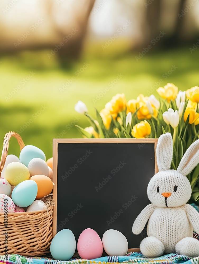 Aufkleber endearing easter bunny plush next to a basket full of eggs and a chalkboard in a vibrant spring gard