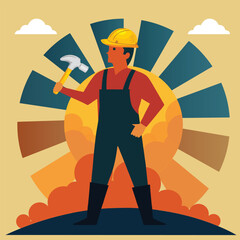 Fototapeta premium A worker holding a hammer or shovel, with the rising sun in the background, symbolizing hard work and new hope