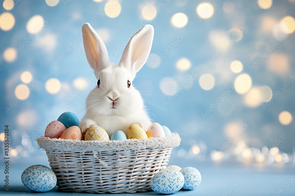 Poster cute white rabbit sitting in a basket filled with colorful easter eggs on a soft blue background : g