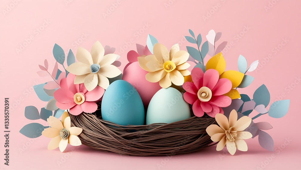 Poster delightful easter eggs surrounded by fresh blooms in a nest on a pink background perfect for spring 