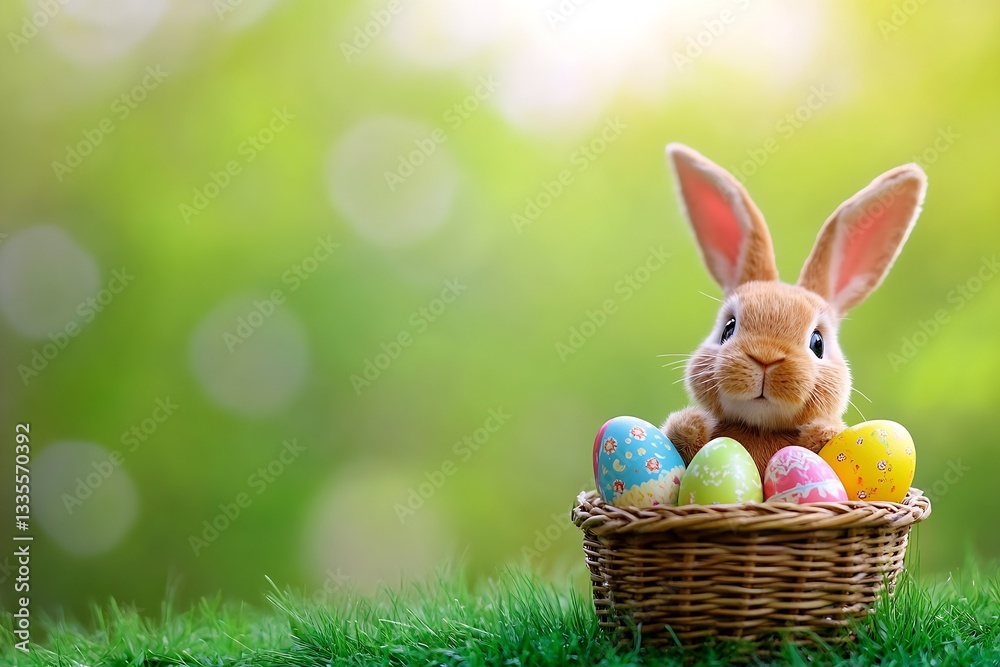 Poster charming bunny in a basket with decorated eggs amidst a lush green backdrop : generative ai