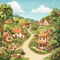 A quaint watercolor depiction of a rural village scene