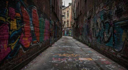 Fototapeta premium Urban Alleyway Graffiti Art Vivid Colors on Brick Walls Grungy Cityscape