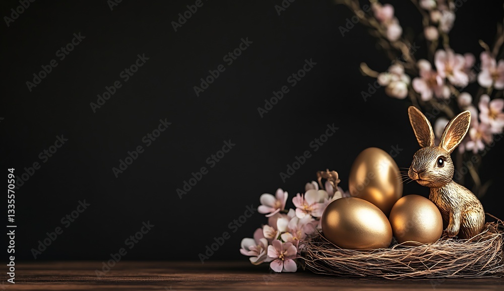 Aufkleber charming golden bunny with eggs and pink blossoms creating a festive atmosphere : generative ai