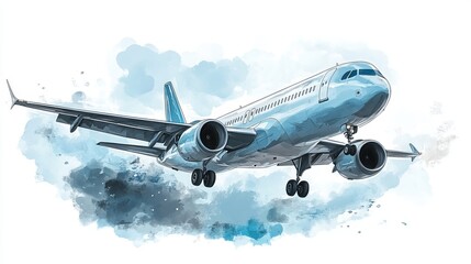 Obraz premium A stylized illustration of a sky-blue airplane flying against a watercolor background of soft clouds and splashes
