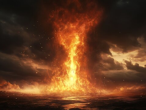 A large pillar of fire dominates a dramatic cloudy landscape