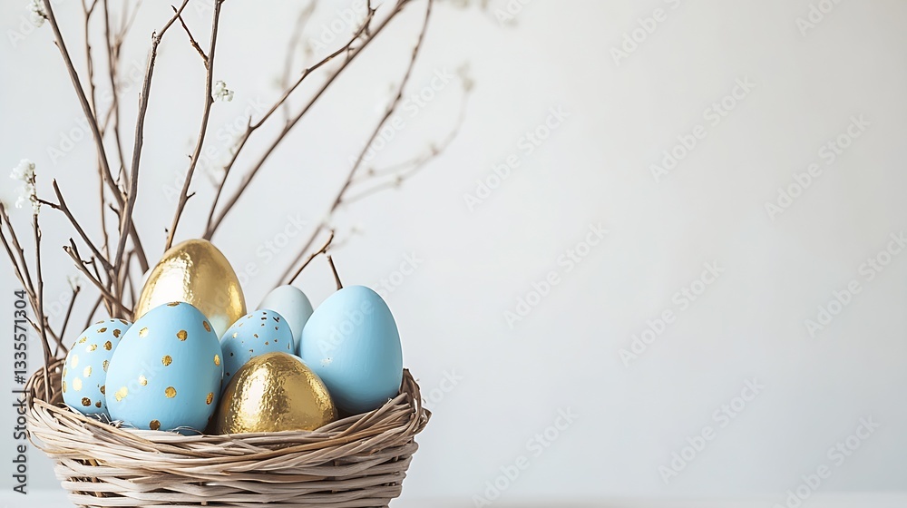 Poster joyful easter egg display featuring golden and blue eggs in a rustic basket setting : generative ai