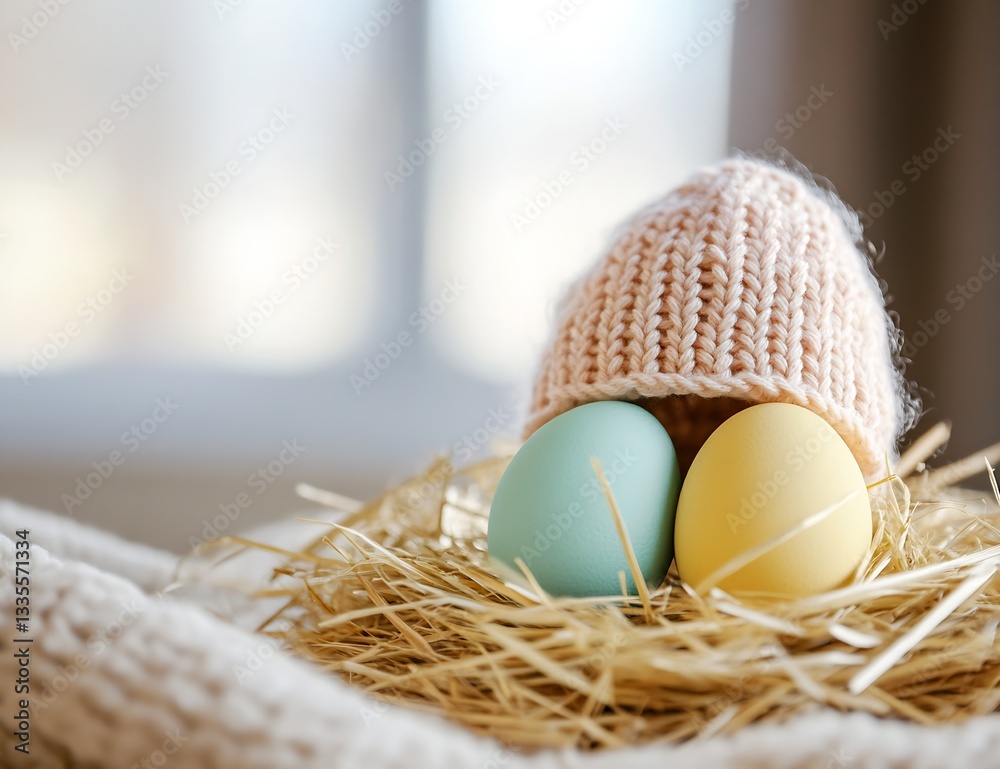 Leinwandbilder Delicate display of eggs concealed under a knitted hat resting in a nest of straw : Generative AI