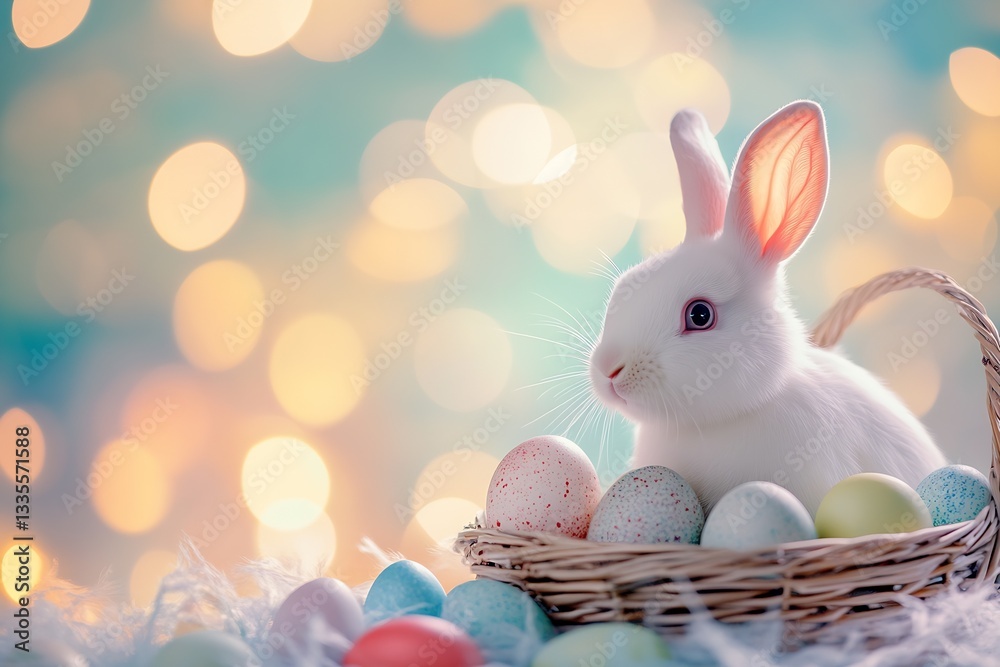 Poster Sweet white bunny exploring a basket filled with colored eggs against a serene bokeh background : Generative AI