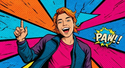 Joyful Young Person with Orange Hair in Vibrant Pop Art Style Pointing Upward