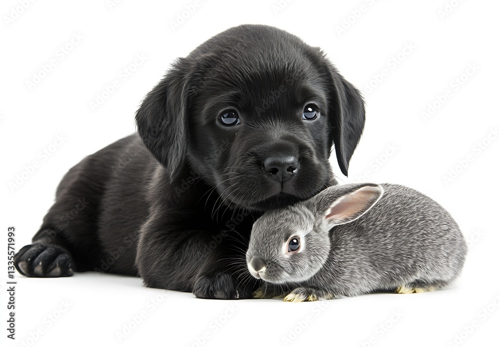 Poster charming black labrador puppy rests beside a playful gray bunny in a serene setting : generative ai