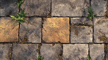 Fototapeta premium Weathered stone bricks with small green plants and moss