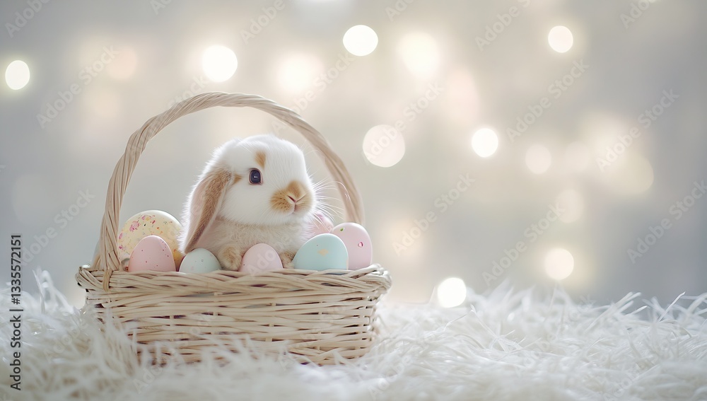 Poster charming rabbit relaxing among pastel easter eggs in a cozy basket with a soft background of twinkli