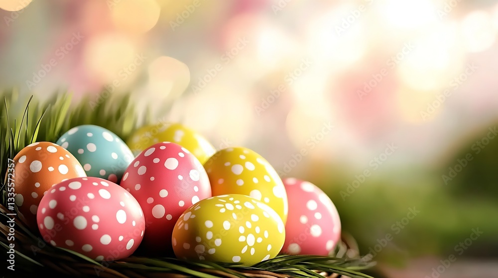Aufkleber colorful easter eggs in a basket surrounded by vibrant greenery and a soft blurred background : gene