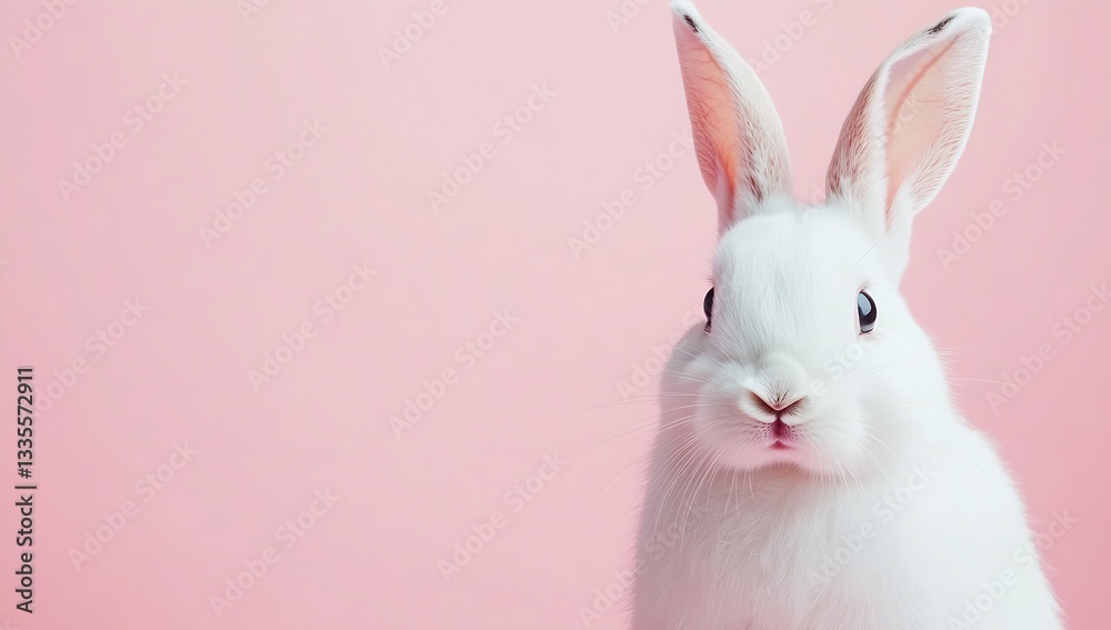 Poster charming white rabbit with bright eyes looking directly at the camera on a pink backdrop : generativ