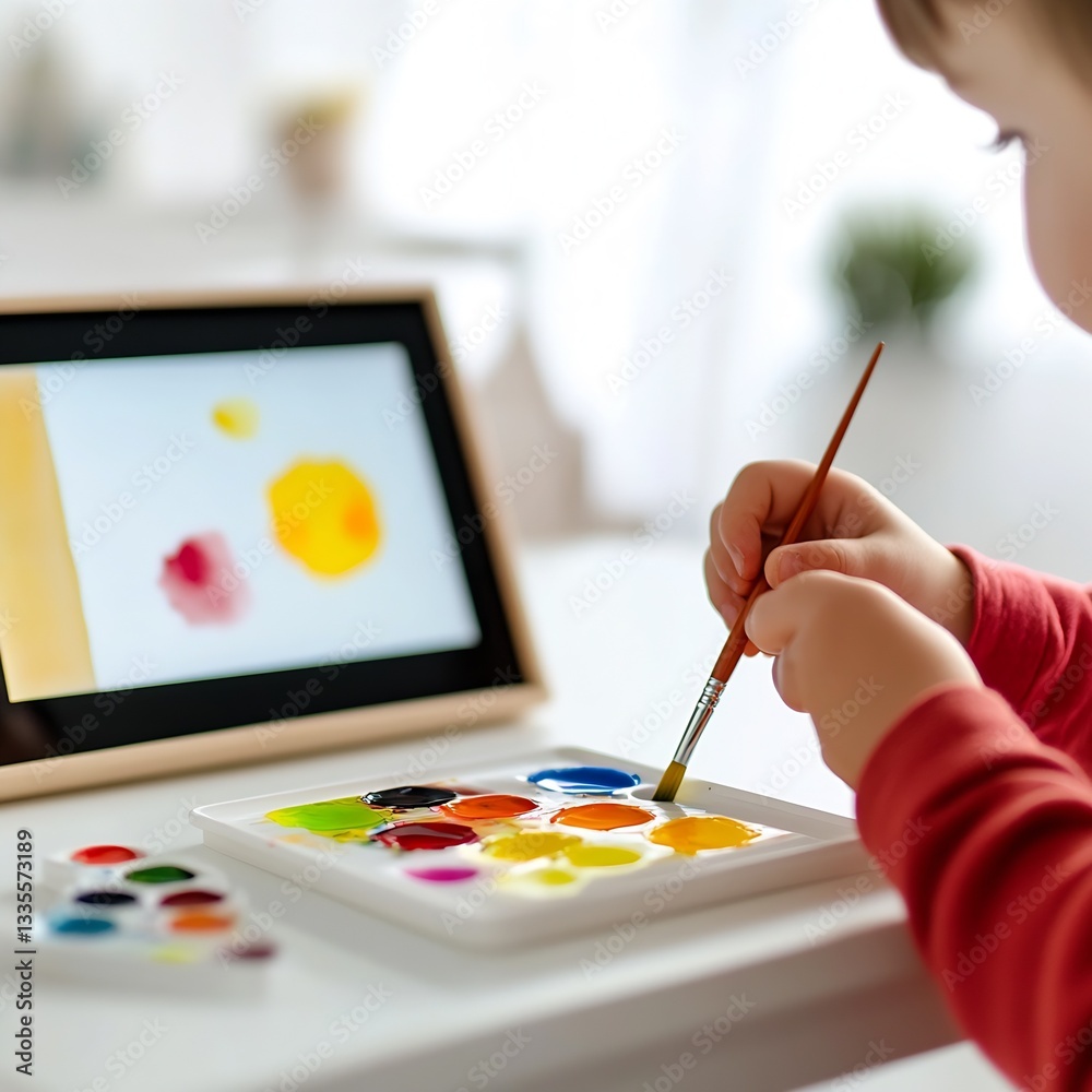 Poster young child engaged in creative art activity with bright watercolors and tablet screen display : gen