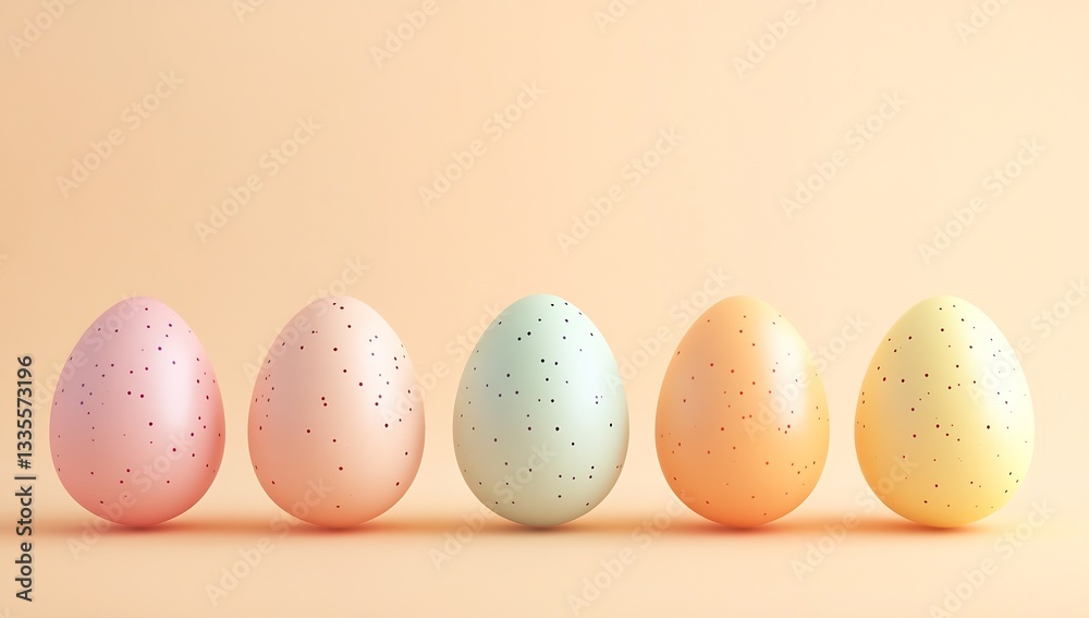 Poster Five soft colored Easter eggs with gentle speckles displayed against a warm background : Generative AI