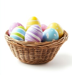 Naklejka premium Vibrant basket overflowing with brightly colored Easter eggs for spring festivities : Generative AI