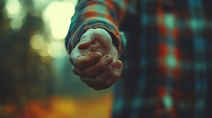 Close-up of a hand reaching out in a forest.