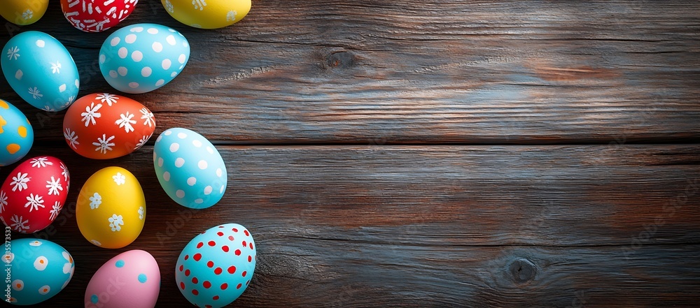 Aufkleber charming assortment of colorful easter eggs arranged on rustic wooden surface : generative ai