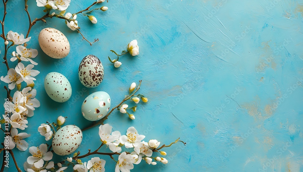 Poster a simple yet elegant display of easter eggs in pale hues surrounded by fresh white flowers on a text